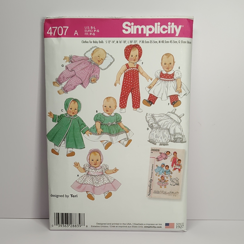 Simplicity 4707 Baby Doll Clothes In Three Sizes Sewing Pattern